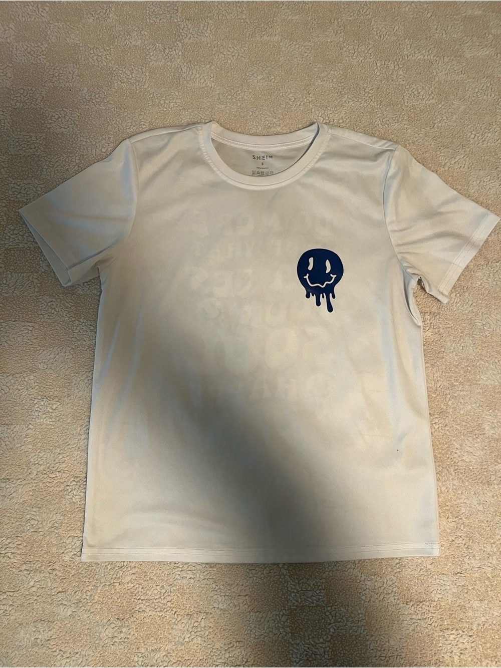 Mens White Graphic Tee with Blue Drip Smiley